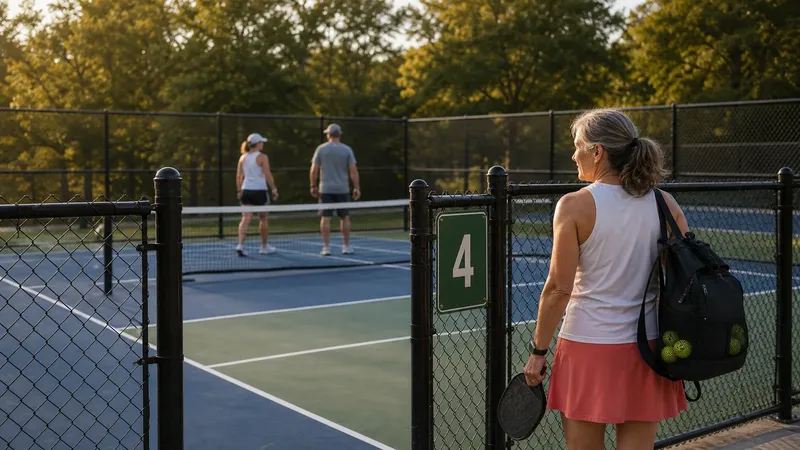 Recreational pickleball players arriving at an outdoor court with their bags