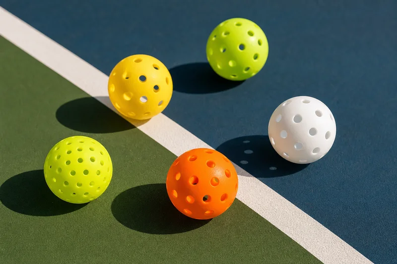Unbranded indoor and outdoor pickleballs arranged beside painted court lines