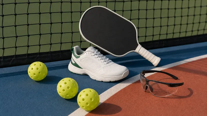 A paddle, court shoe, pickleballs, and protective eyewear arranged on a pickleball court