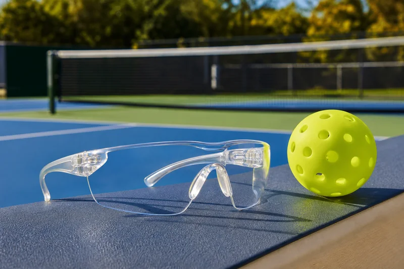 Unbranded clear protective sport eyewear beside a pickleball paddle and ball