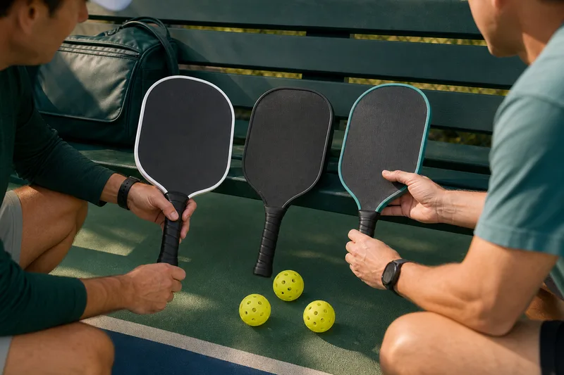 Recreational players comparing three unbranded pickleball paddle shapes at courtside