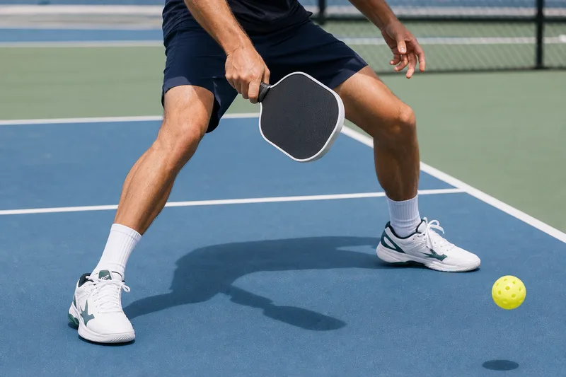 A recreational pickleball player making a controlled lateral step in court shoes
