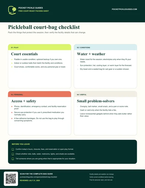 Actual one-page pickleball court-bag checklist