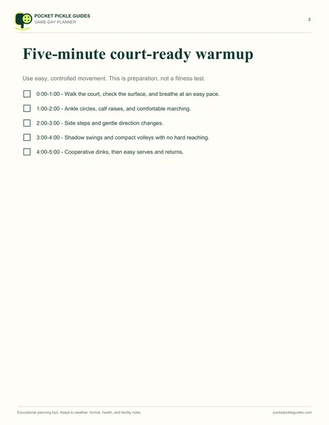Actual warmup page from the free Game-Day Planner