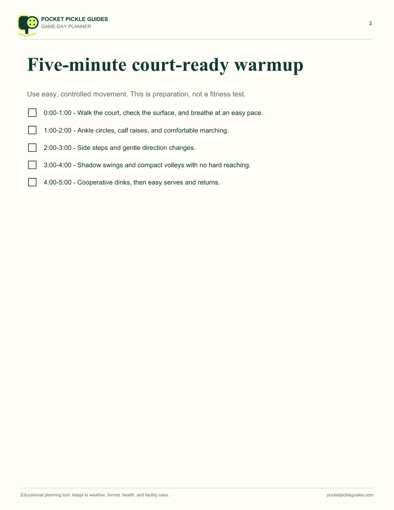 Actual five-minute warmup page from the Pickleball Game-Day Planner