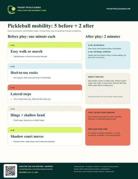 Actual one-page five-minute pickleball mobility and two-minute cooldown sheet