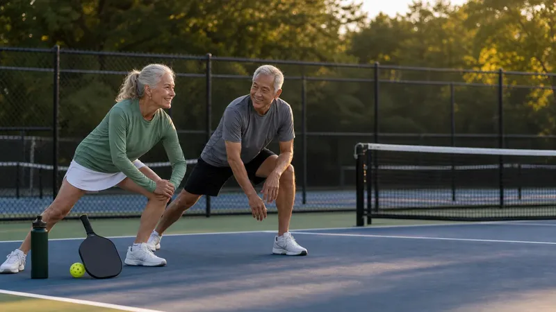 Two older recreational pickleball players warming up together beside a court